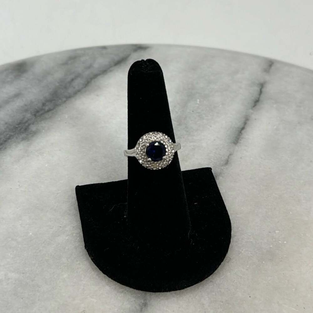 Silver plated blue glass domed halo encrusted ring size 6.5